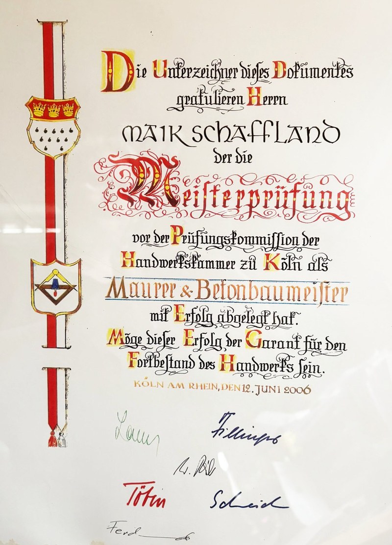 Meisterurkunde von Maik Schaffland – Maurer- und Betonbaumeister, ausgestellt am 12. Juni 2006 von der Handwerkskammer zu Köln